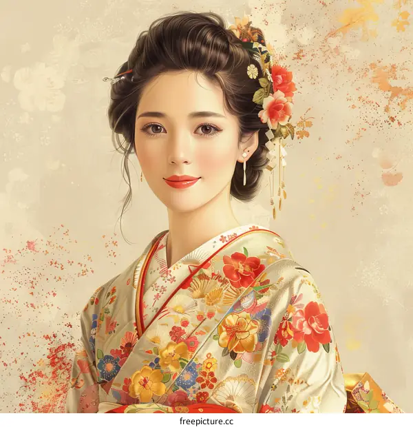 Portrait Of Beautiful Japanese Geisha In Kimono
