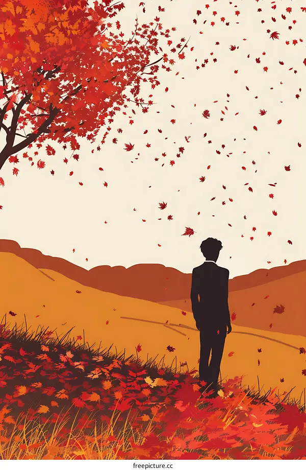 Autumn Leaves Falling Man Silhouette Landscape Illustration