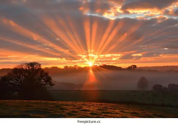 Sun rays over rural landscape with cows grazing