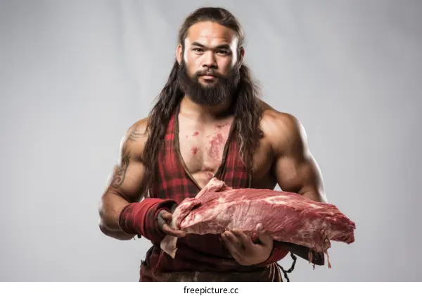 Polynesian man holding a large piece of raw meat