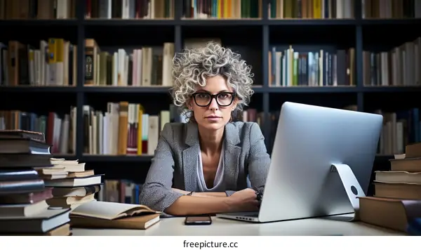A woman is sitting at a desk in a library.