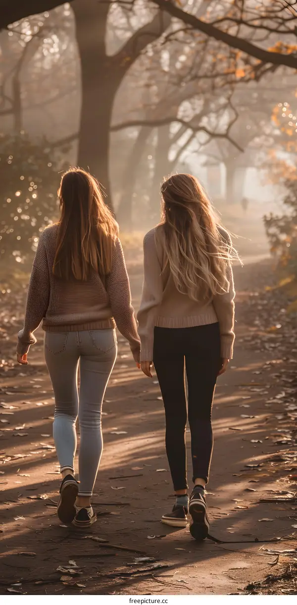 Two Girls Walking in the Woods