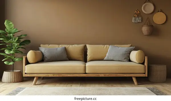 Modern Beige Living Room with Wooden Sofa