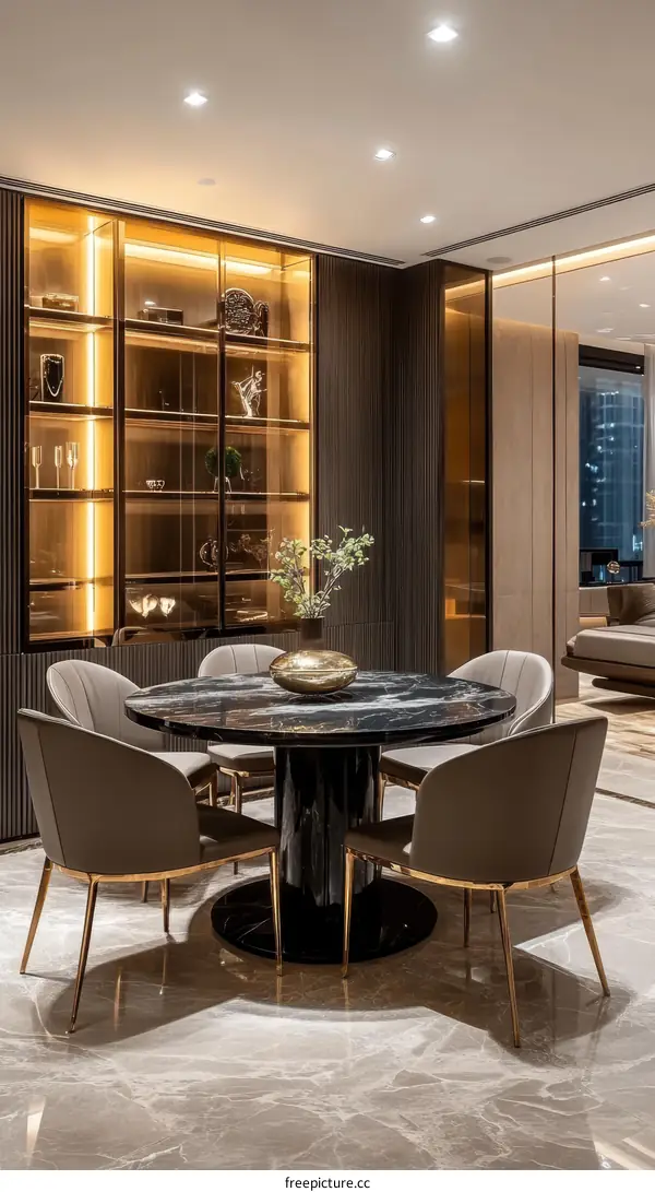 Modern Dining Room with Marble Table and Gold Accents