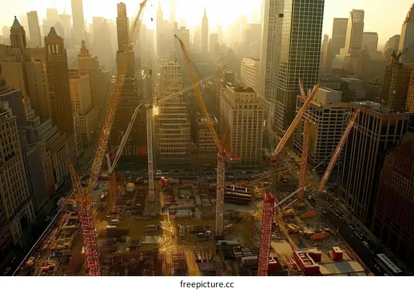 The cranes are working on the construction site