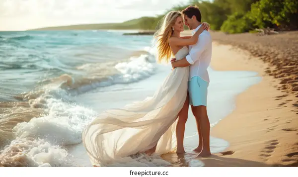 Young couple in love standing on a beach at sunset