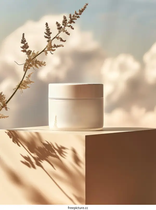 Close-up of a white cosmetic jar with a plant in the background