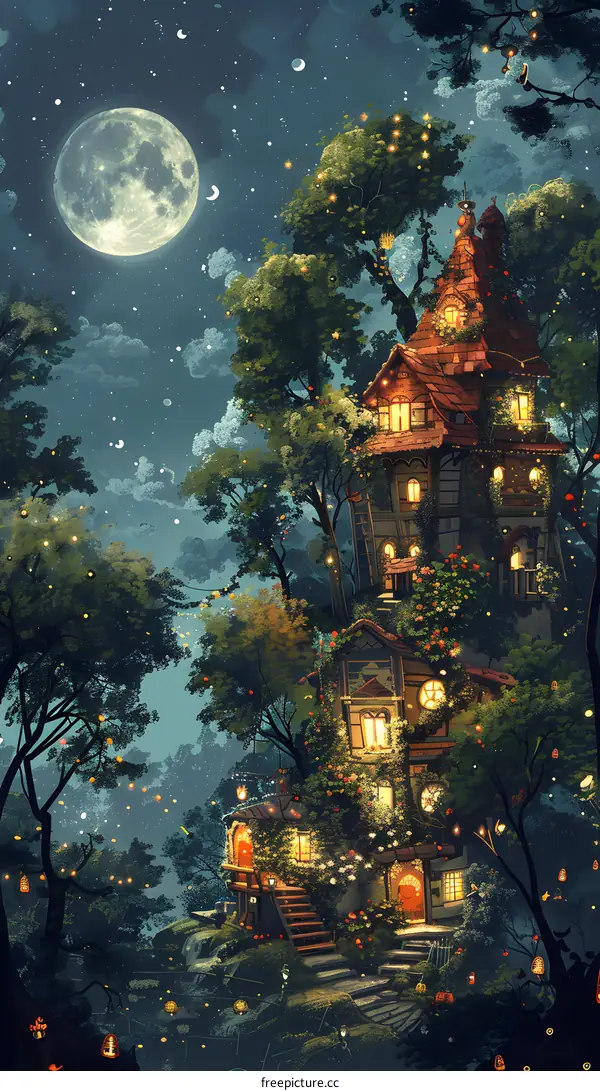 Night Sky Illuminated with Fairy Lights Above a Magical Cottage