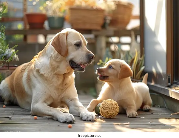 Golden Retriever Puppy Playing with Yarn Ball with Its Mother