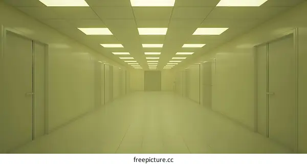 Empty Hallway with White Doors and Bright Lights