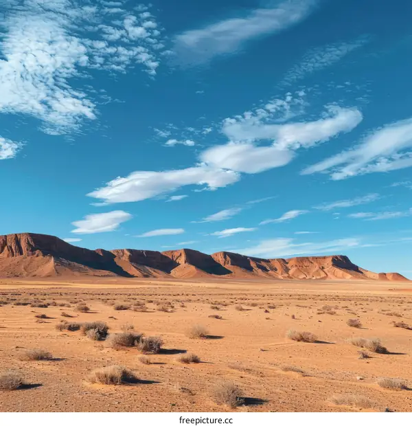 A vast desert landscape with rugged mountains in the distance