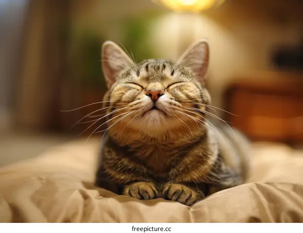 A ginger cat is lying on a brown blanket with its eyes closed