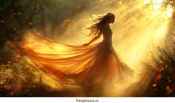 An ethereal lady in a golden dress walks through a sunlit forest