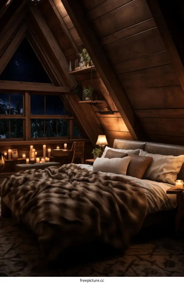 Cozy Cabin Bedroom with Snowy Forest View