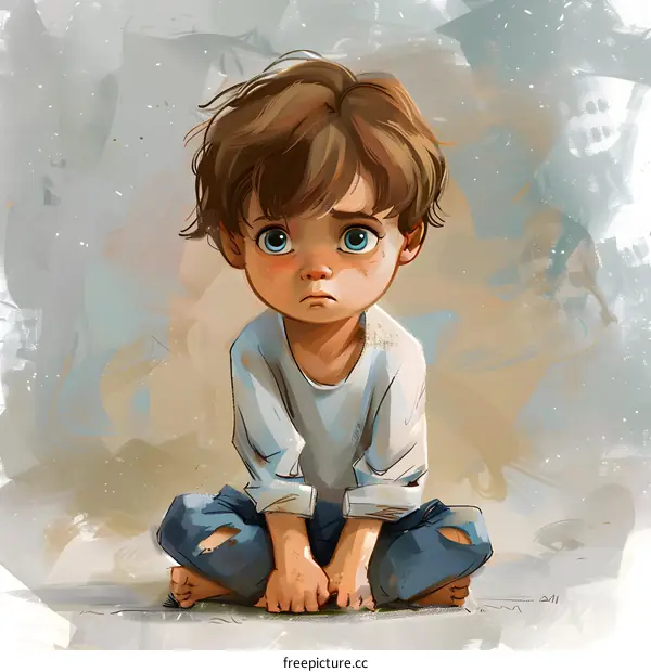 Sad Boy Sitting on Floor with Torn Jeans and White Shirt