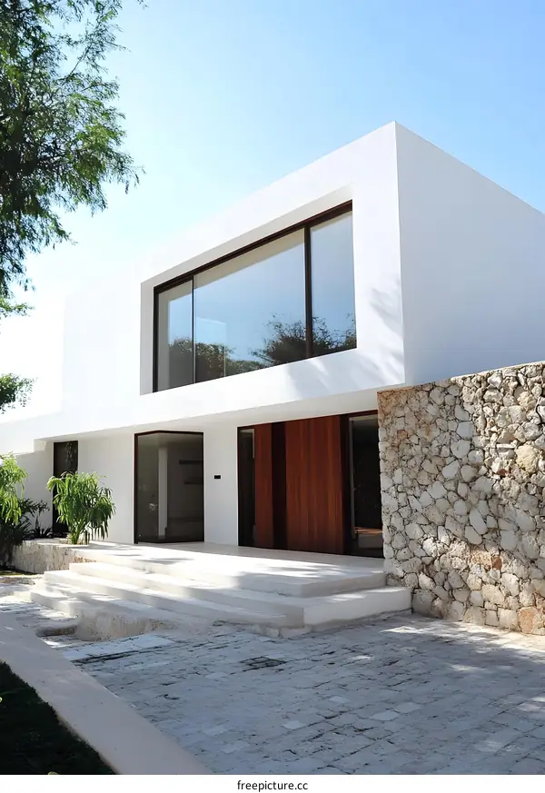 Modern White House with Stone Wall and Large Windows