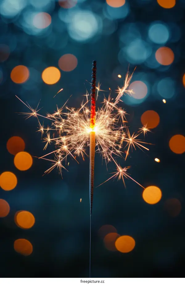Single Sparkler with Blurred Lights Against Dark Blue Background