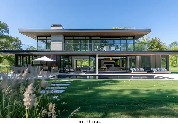 Modern House with Swimming Pool and Lawn