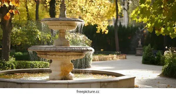 Stone Fountain with Autumn Leaves in a Garden