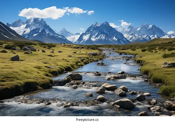 Mountain river in a valley with snow-capped mountains in the distance