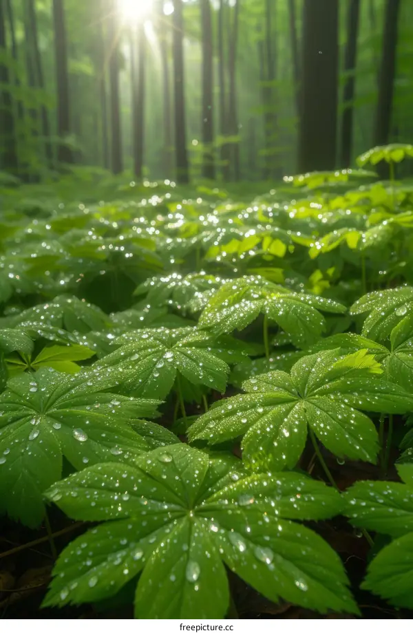 Close-up of green leaves with water drops in the forest