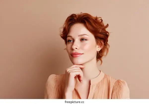 Thoughtful Woman Portrait with a  Beige Top