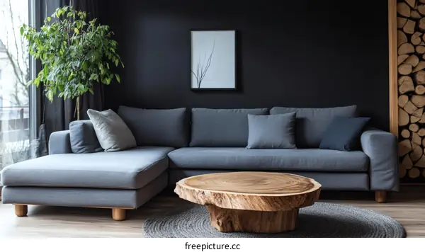 Modern Living Room with Gray Sectional Sofa and Wooden Coffee Table