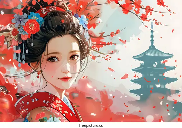 A beautiful Japanese woman in a kimono standing in front of a pagoda.