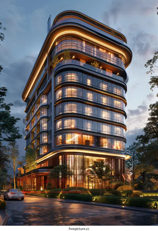 Modern Architectural Design of a Tall Building at Night