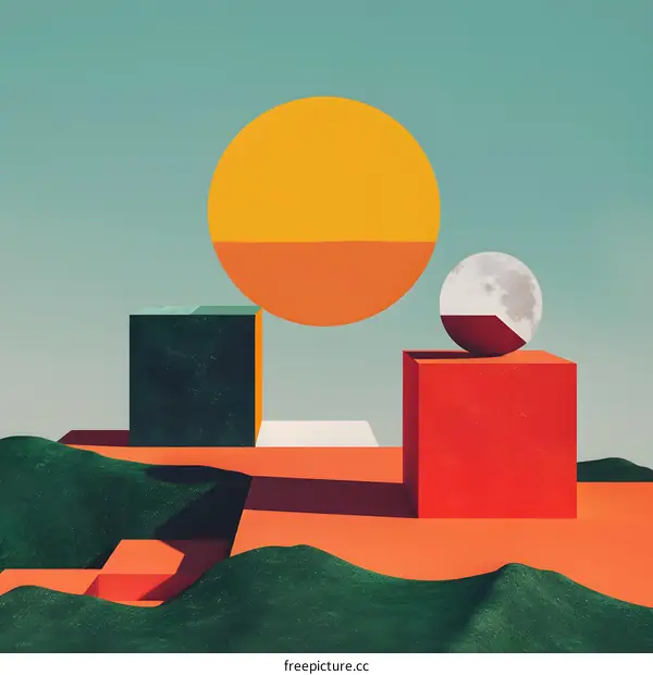 Abstract Minimalist Art with Sun, Moon, and Geometric Shapes