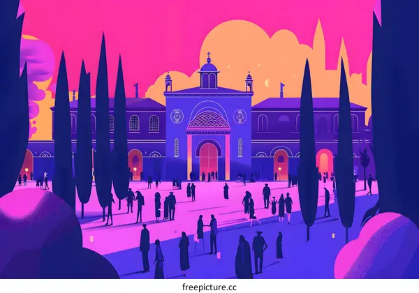 Purple Building with People in Front