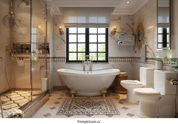 Luxurious bathroom with marble walls and golden fixtures