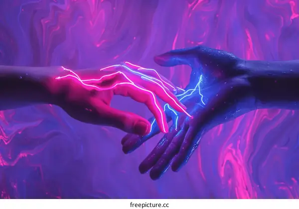 Two hands reaching out to each other with glowing electric energy surrounding them