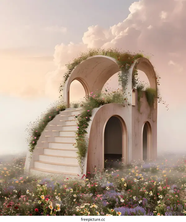 Stone Archway with Stairs in a Field of Flowers