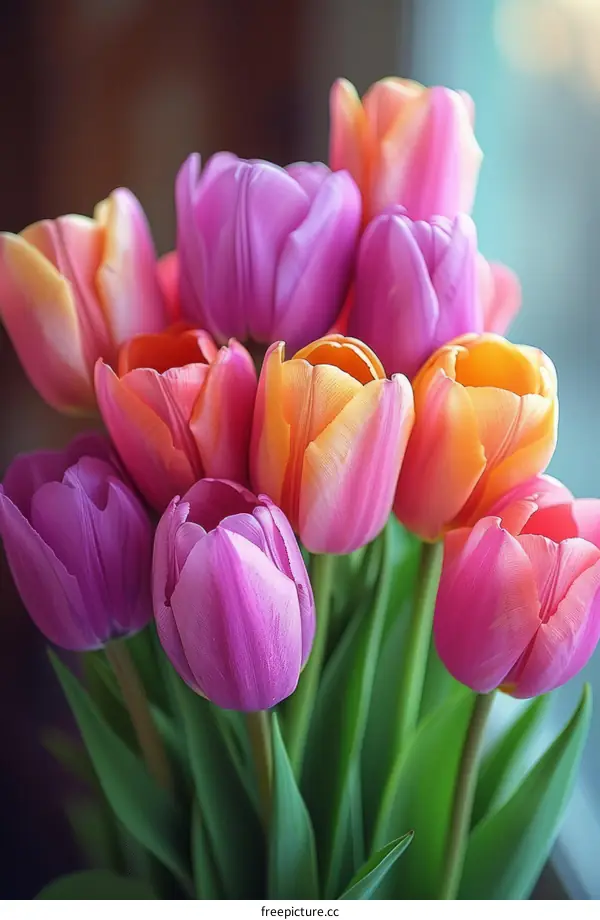 A bouquet of tulips in different colors