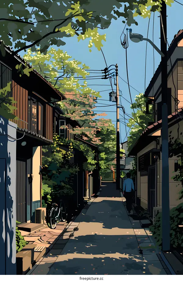 Japanese Style Alleyway with Person Walking and Bicycle