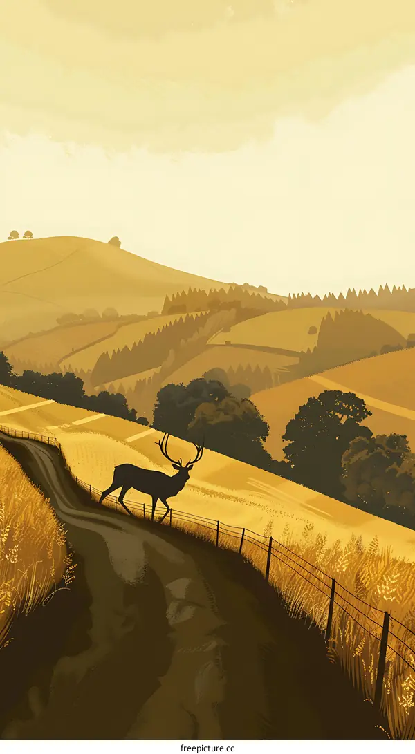 Rural Countryside Landscape Illustration With Deer