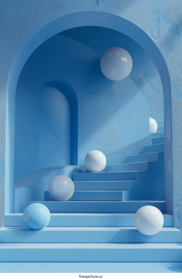 Blue Abstract Minimalist Architectural Space with Spheres