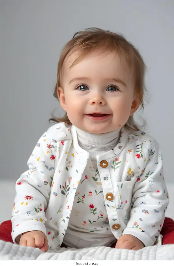 Portrait of a Smiling Baby Girl in a Floral Outfit