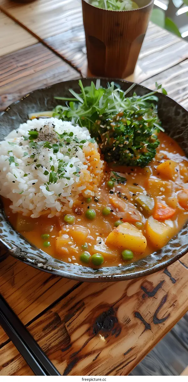 Vegetarian Curry Rice Bowl on Wooden Table