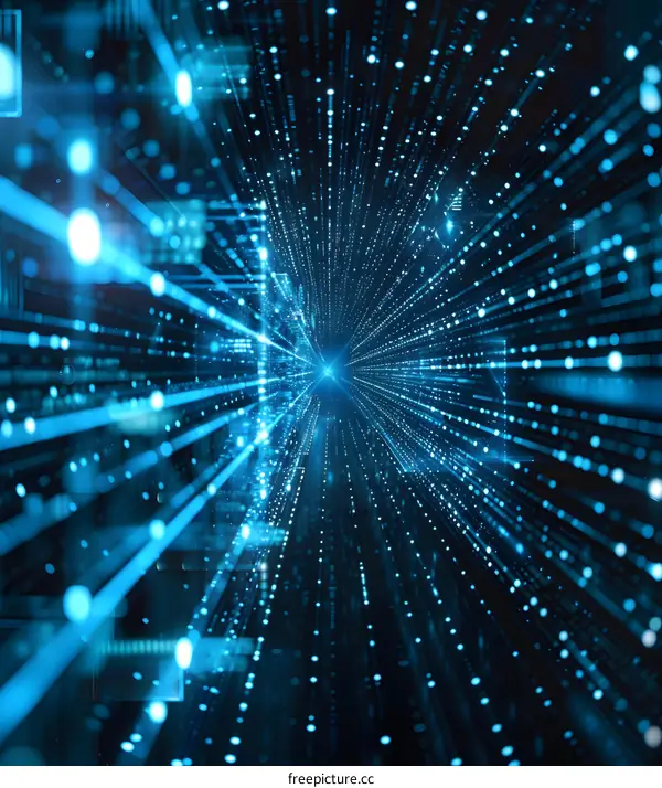 Blue glowing digital particles form a tunnel