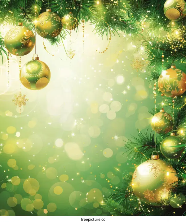 Christmas Background with Green Baubles and Pine Needles