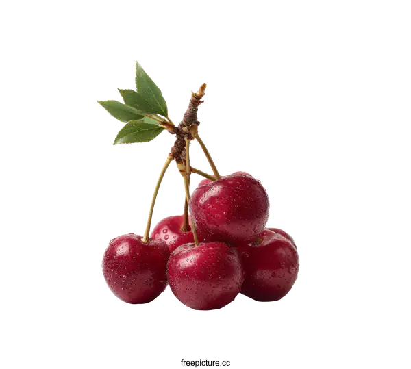 [Transparent Background PNG]Closeup of Fresh Cherries with Leaves
