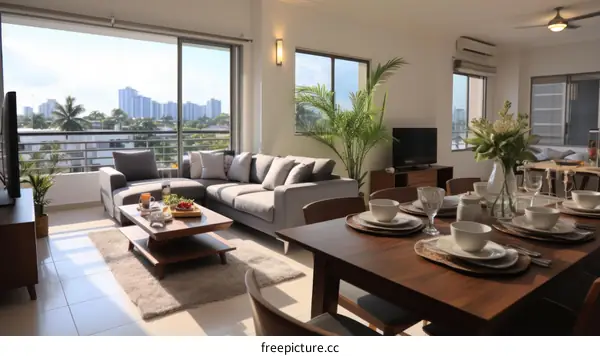 Modern Apartment Living Room with Dining Area Boasting City Views