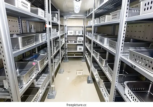 Metal Storage Shelving With Containers in Warehouse
