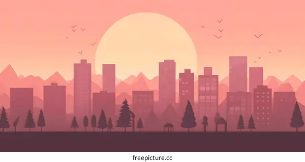 Pink Sunset Cityscape Illustration with Mountain Range