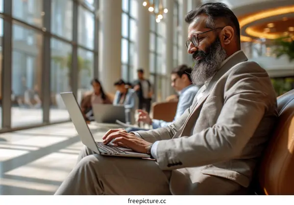 Smiling businessman using laptop in modern office space