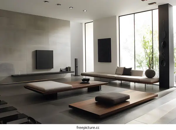 Modern Minimalist Living Room Interior Design With Wooden Coffee Table