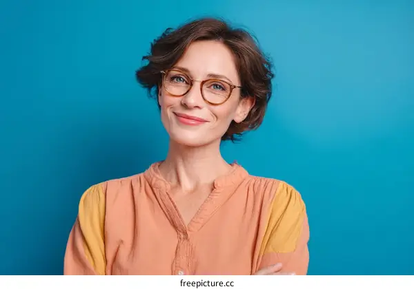 Smiling Woman in Peach-Colored Top Against Blue Background