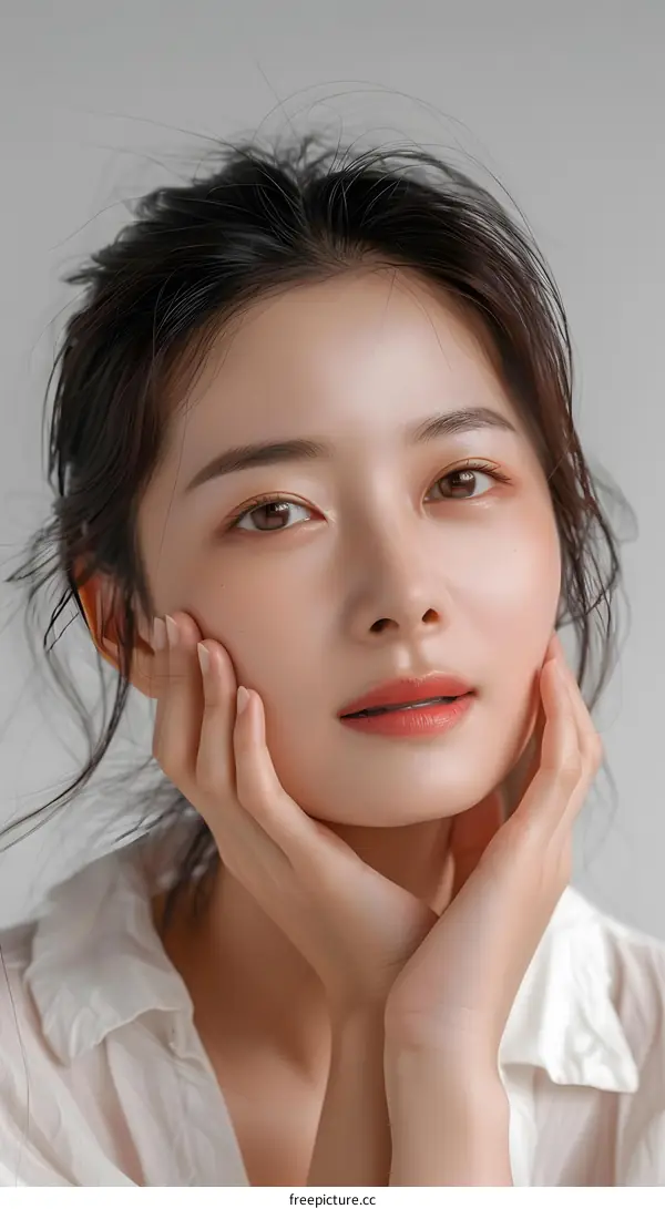 Portrait of a Young Woman with Long Black Hair and a White Shirt